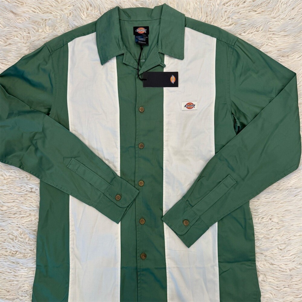 Dickies Westover Button-Up Shirt Men's XS Green White Stripe Long Sleeve